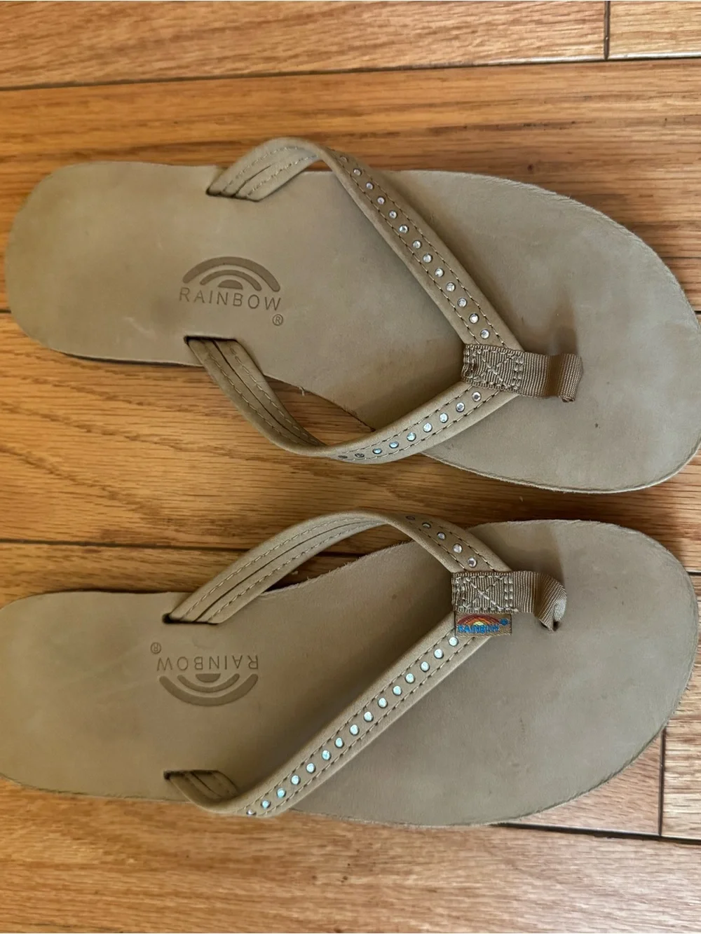 Rainbow Girls Tan Rhinestone Flip Flop Sandals, Size 4/5